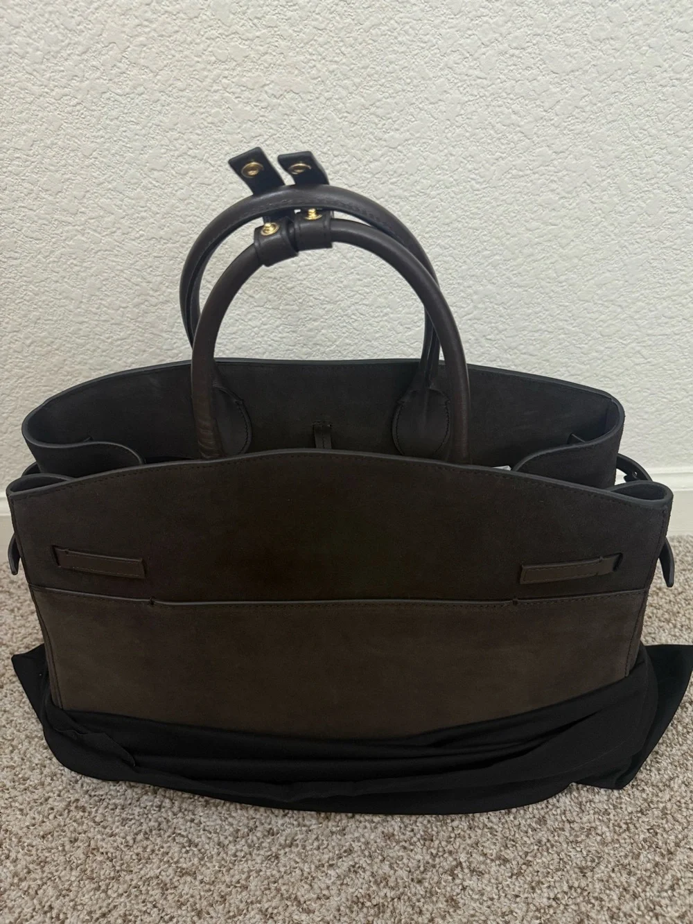 DeMellier Large The Hudson Dark Chocolate Suede Leather Tote Gold Hardware NWT